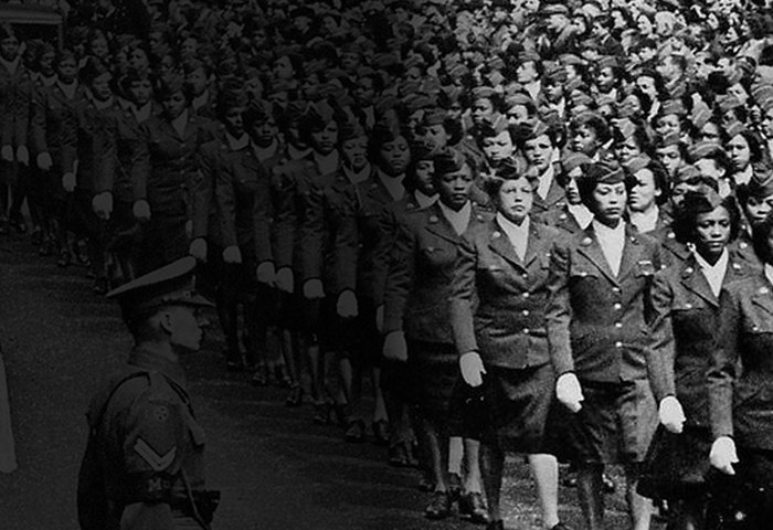 Members of the 6888th battalion line up for a parade in England.