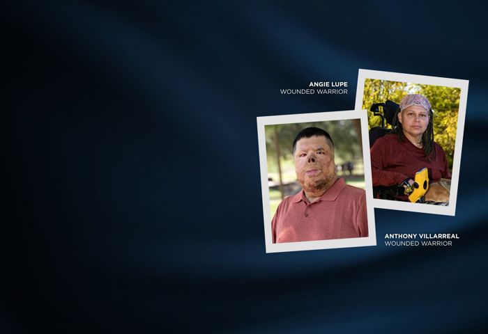 Polaroid style images of wounded warriors Anthony Villarreal and Angie Lupe against a silky blue background. Both wear red.