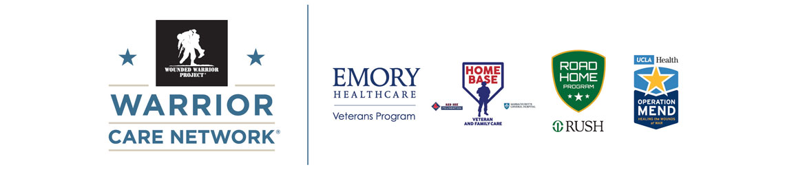 The Warrior Care Network logo locked up with logos for Emory Healthcare Veterans Program, Massachusetts General Hospital Home Base Program, Rush University Medical Center Road Home Program, and UCLA Health Operation Mend Program. 